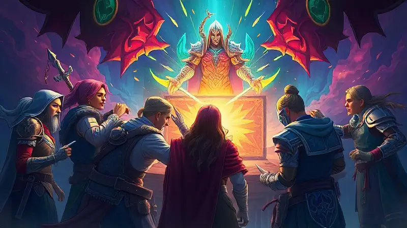 Jugadores diversos estrategizan juntos en juego fantástico