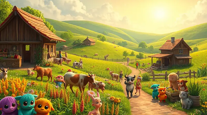 Campo vibrante con criaturas y comercio rural