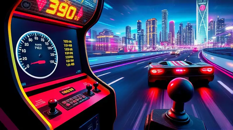 Arcade retro con coches pixelados y neón