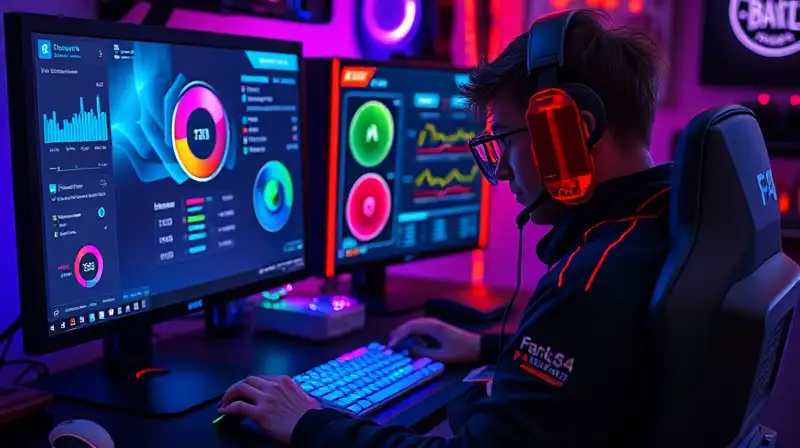 Gamer ajusta PC en setup futurista