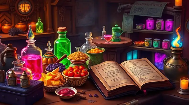 Comida mágica colorida en cocina medieval fantástica