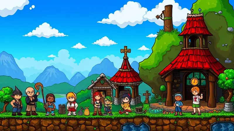 Personajes de Terraria en colorido mundo pixelado