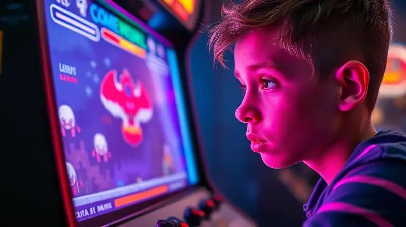 Un joven gamer juega intensamente en arcade