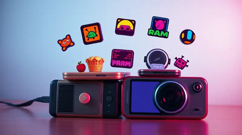 Iconos indie flotan sobre móviles retro vibrantes
