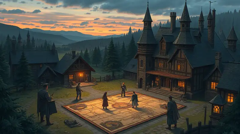 Aldea medieval al atardecer con mapa táctico