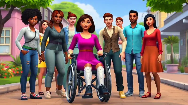 Personajes diversos con discapacidad en comunidad inclusiva