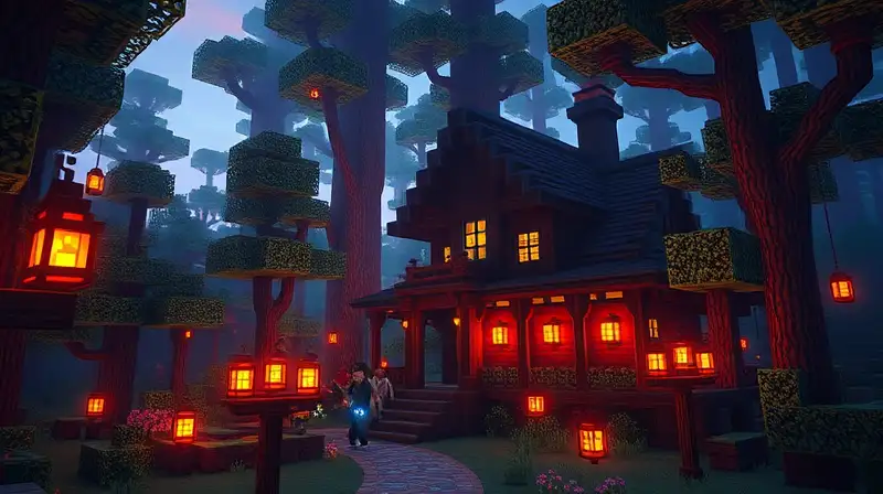 Construcción creativa en bosque encantado iluminado