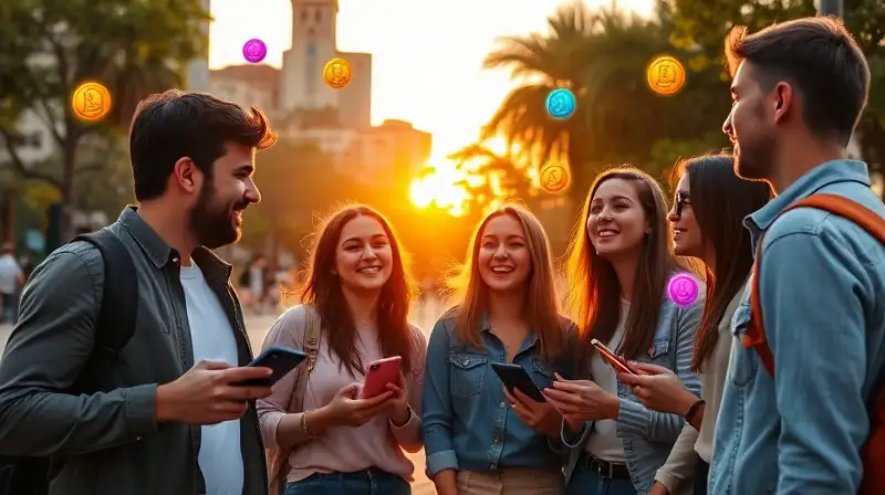 Amigos felices juegan Coin Master al aire libre