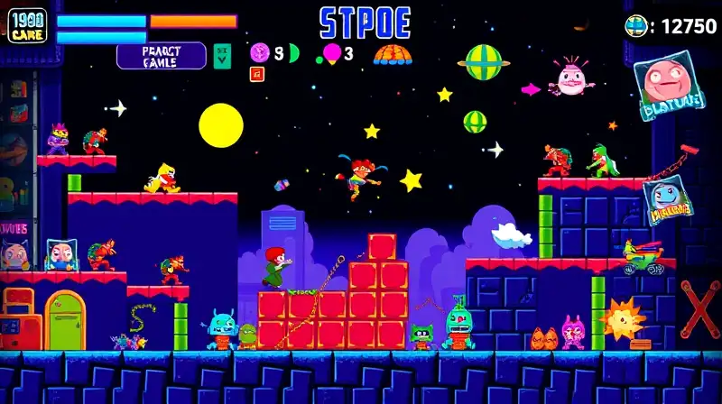 Nivel arcade con arte pixelado colorido