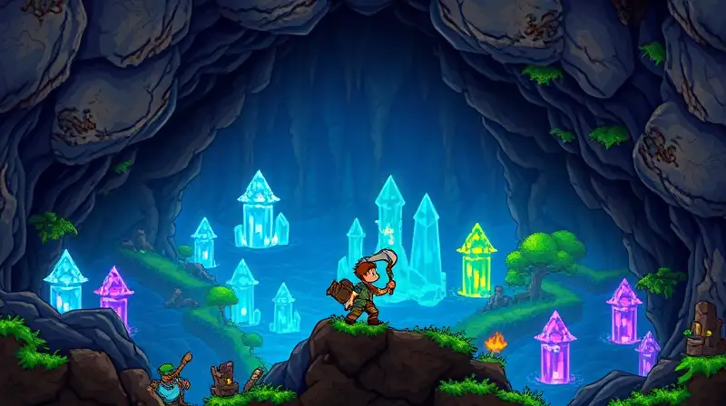Personaje explora cavernas subterráneas coloridas