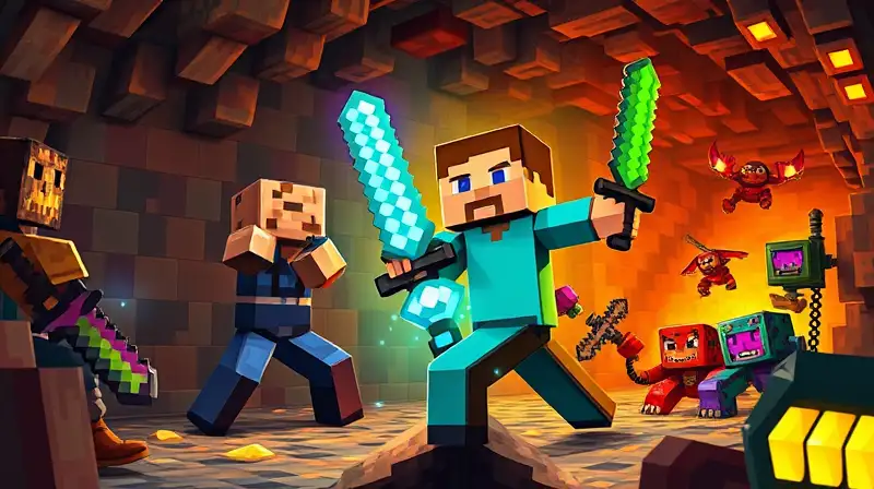 Personaje de Minecraft minando y luchando