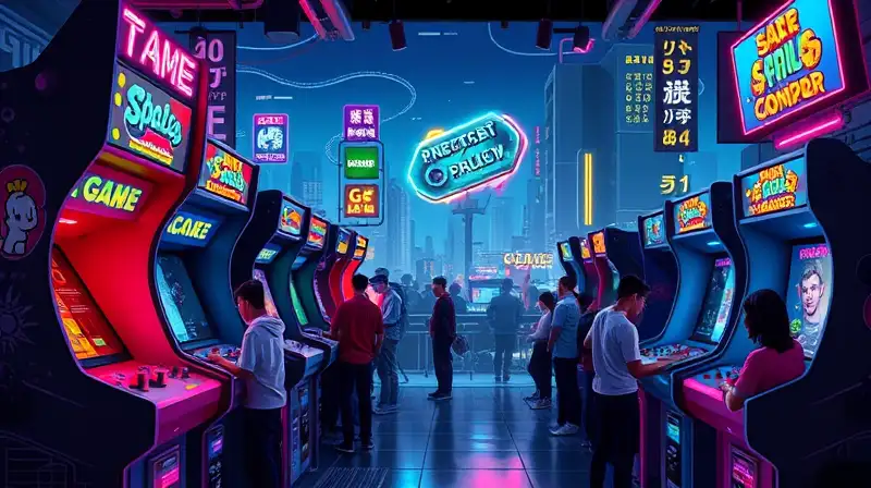 Arcades retro con luces neón y jugadores variados