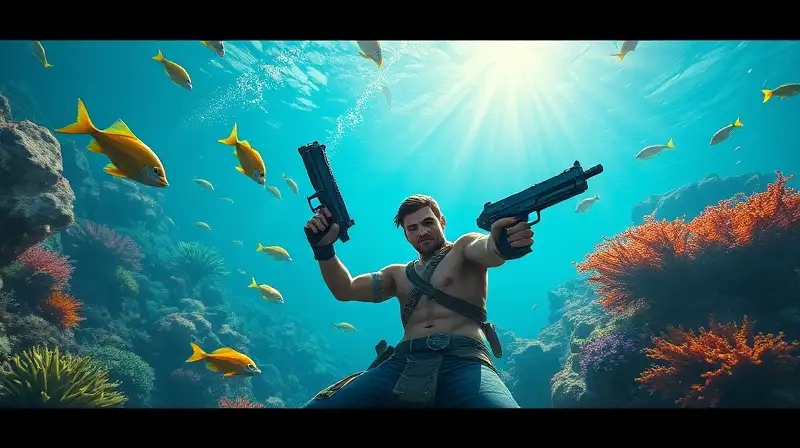 Personaje con pistolas en vibrante escena submarina