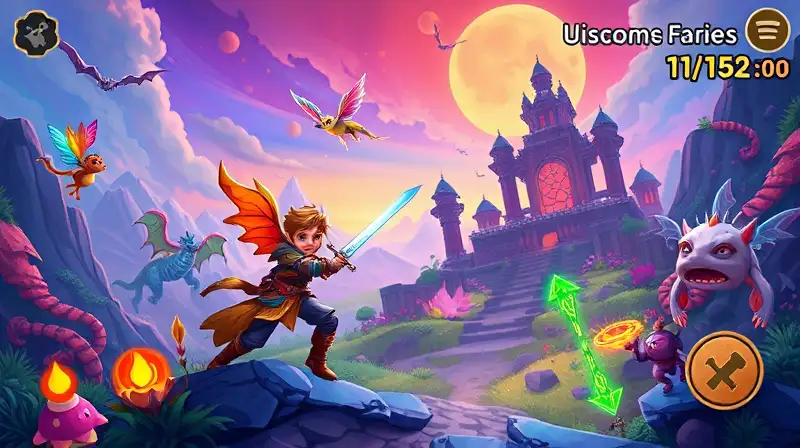 Paisaje fantástico con héroe y criaturas mágicas