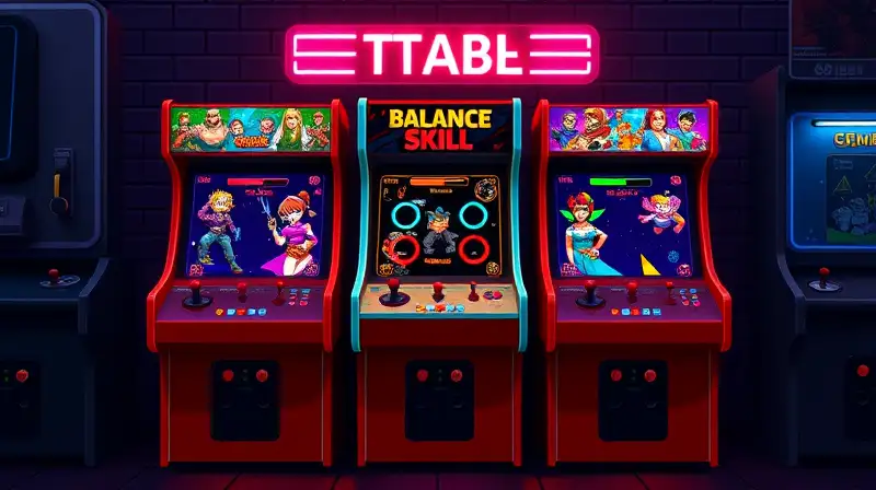 Arcade retro con personajes y luces vibrantes