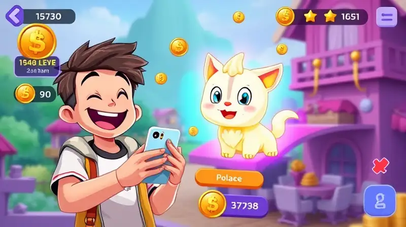 Jugador alegre con mascota poderosa y tesoros