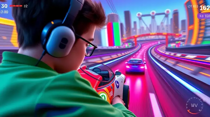 Jugador de carreras en ciudad futurista