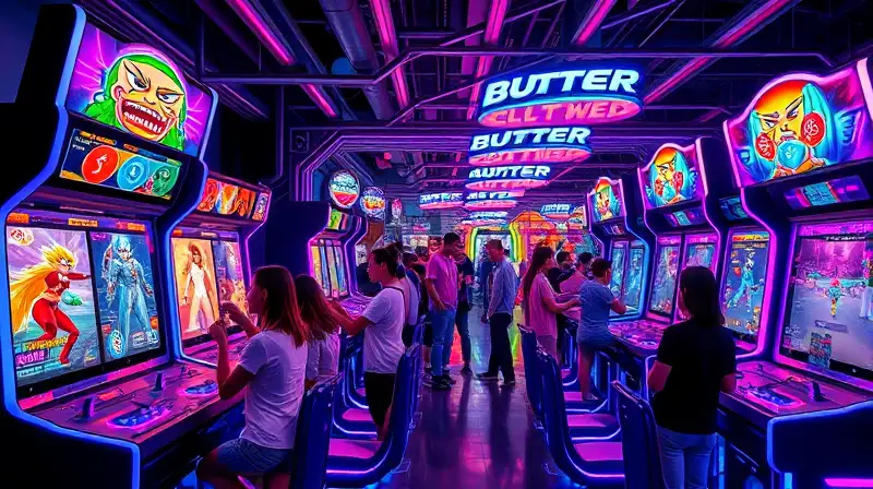 Arcade futurista con jugadores diversos y energía