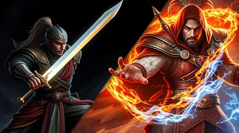 Guerrero y mago en batalla épica