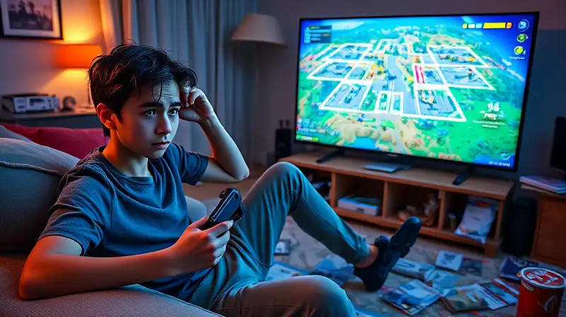 Joven frustrado juega en sala desordenada