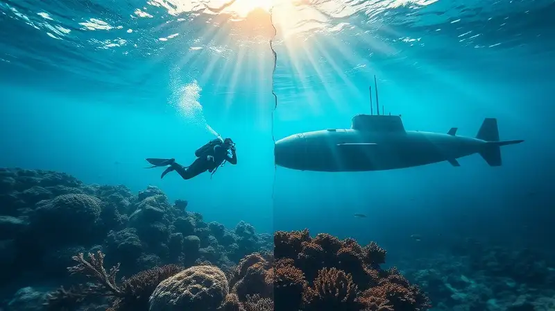 Escena submarina: buzo y submarino explorando
