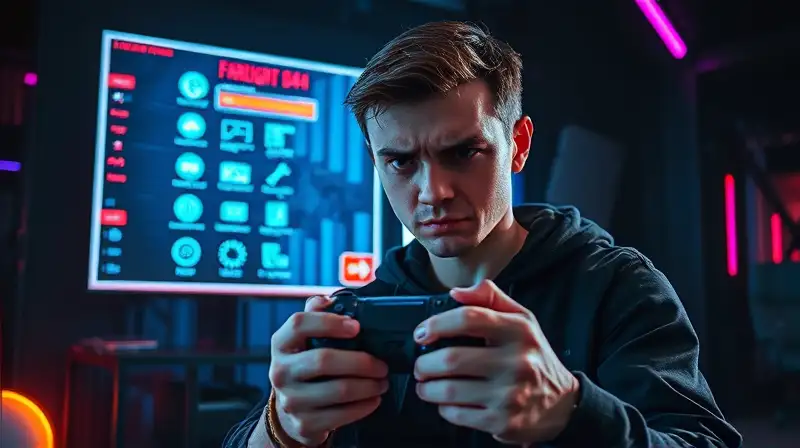 Gamer frustrado en ciudad cyberpunk neón