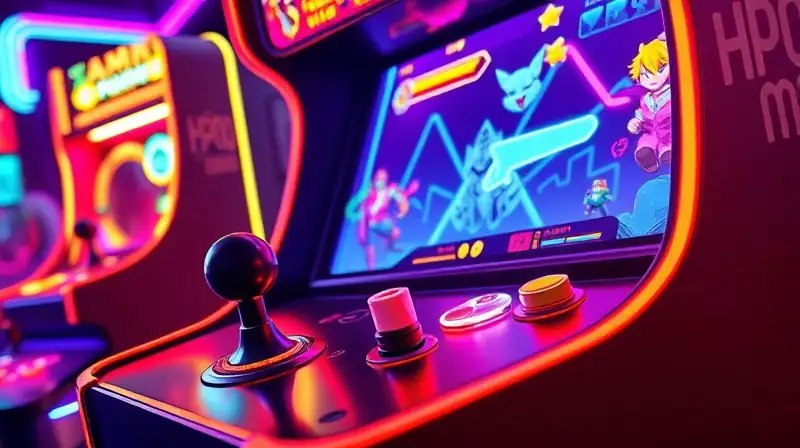 Máquina arcade vibrante con personajes y luces