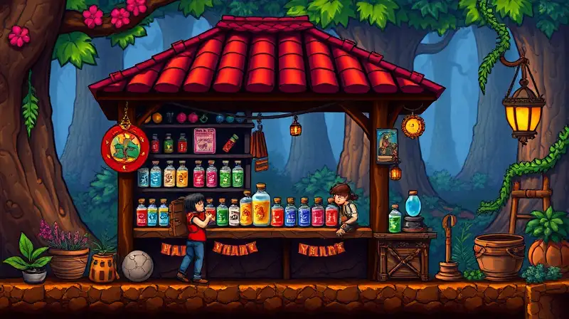 Comerciante vende pociones en bosque mágico
