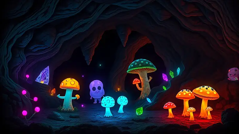 Juguetes brillantes en cueva bioluminiscente fantástica