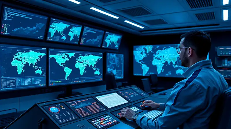 Sala de control moderna con pantallas digitales