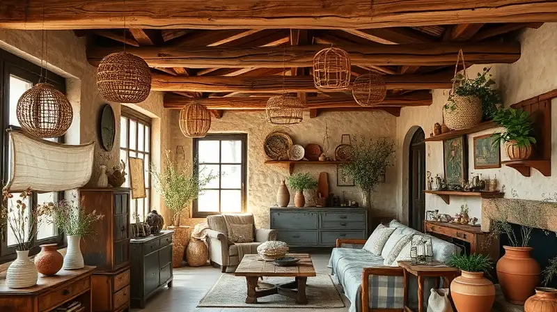 Interior rústico cálido con elementos naturales