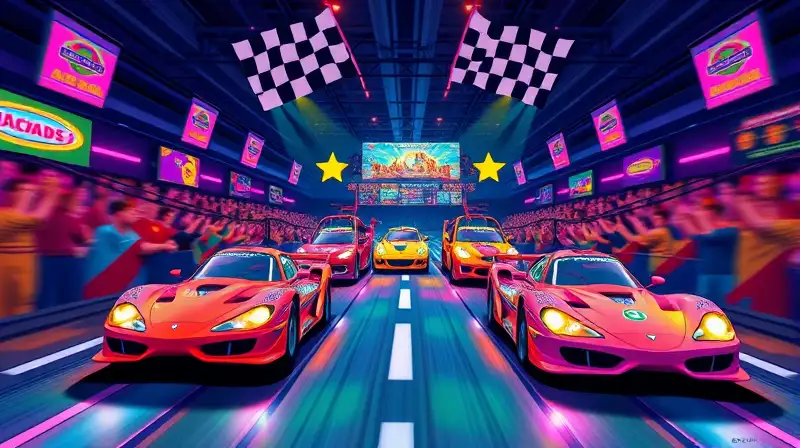 Máquina arcade retro con carreras coloridas