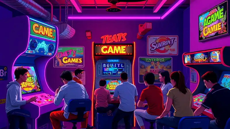 Arcade retro vibrante con jugadores diversos