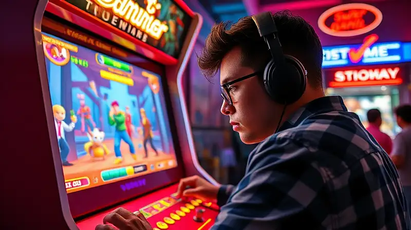 Jugador concentrado en juego arcade retro