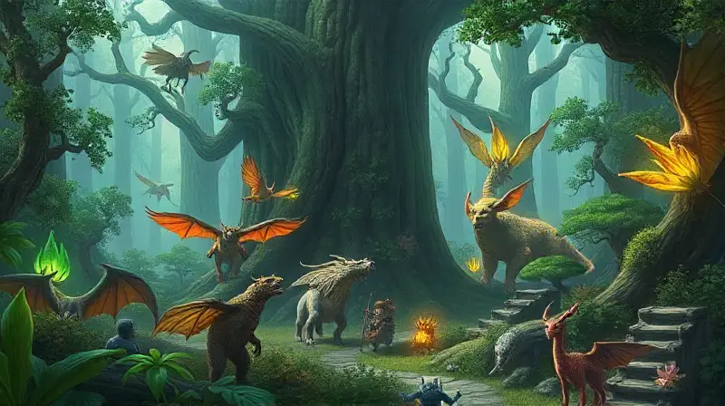 Bosque mágico lleno de criaturas fantásticas