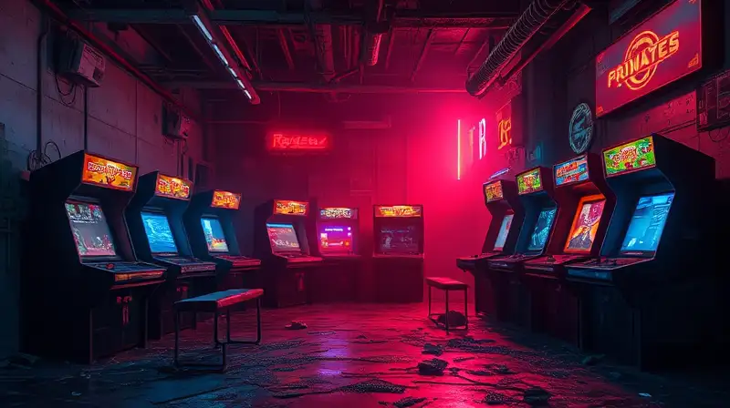 Escena arcade postapocalíptica con luz neón