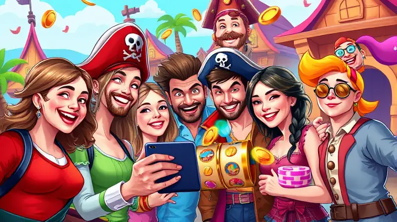 Amigos juegan alegremente a tragamonedas pirata