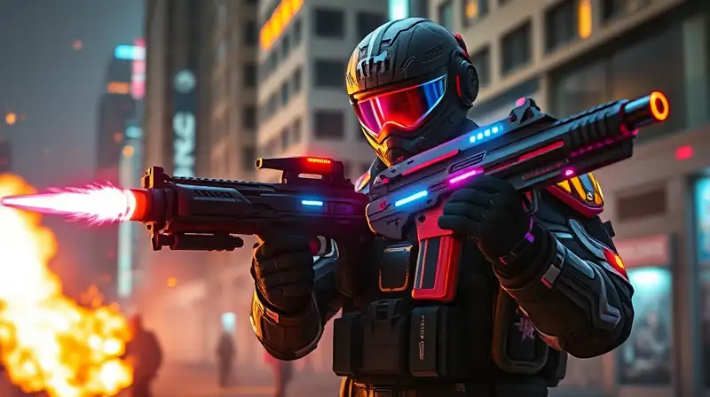 Soldado futurista con armas brillantes y explosiones
