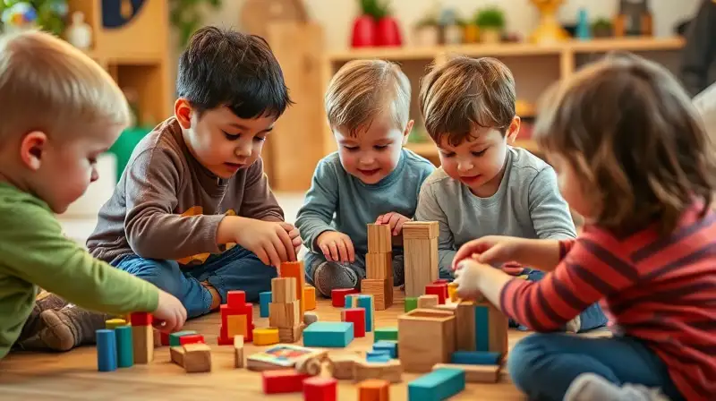 Niños diversos creando bloques en comunidad