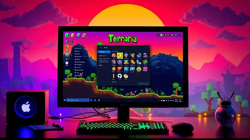 Setup gamer PC con Terraria colorido