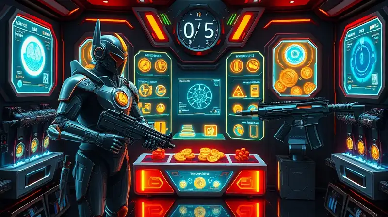 Armería futurista con armas y hologramas