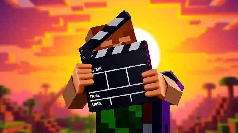 Personaje de Minecraft con cámara y atardecer