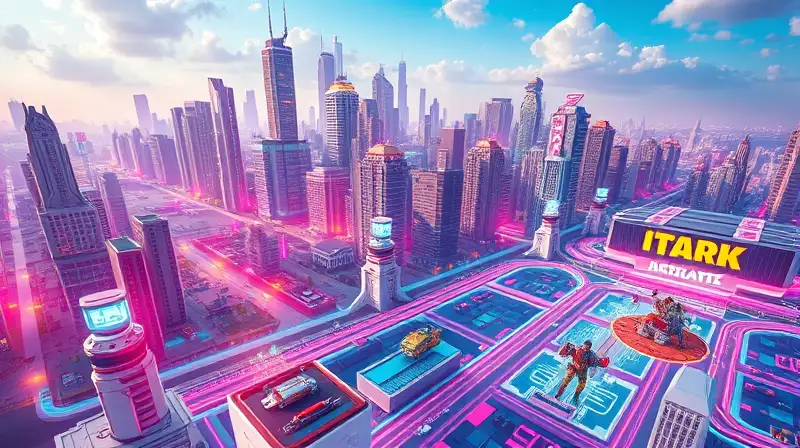 Ciudad futurista con jugadores colaborando y tecnología