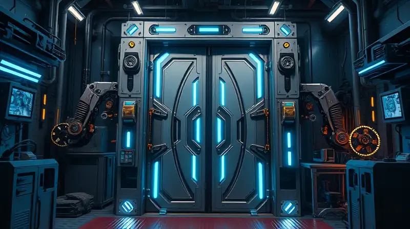 Montaje futurista de puerta automática con luces