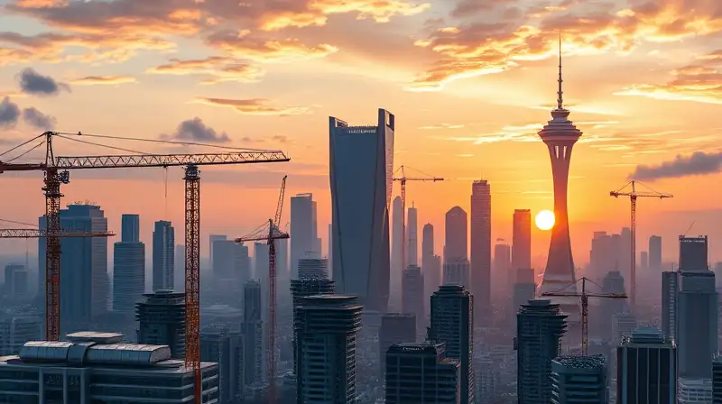 Ciudad futurista con edificios y grúas