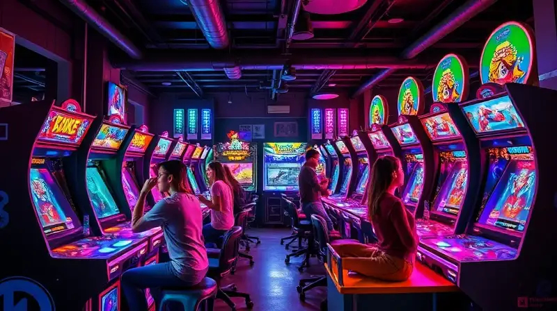Amigos juegan en arcade futurista vibrante