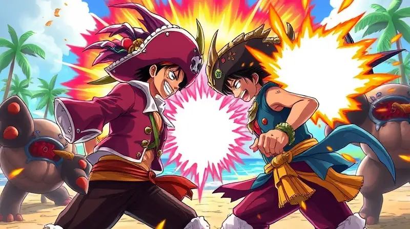 Piratas anime luchan juntos en isla vibrante