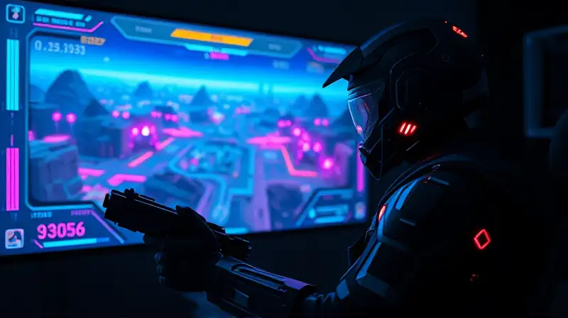 Soldado futurista juega intensamente en batalla neón
