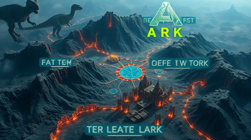Mapa de The Center ARK con ruinas y dinosaurios