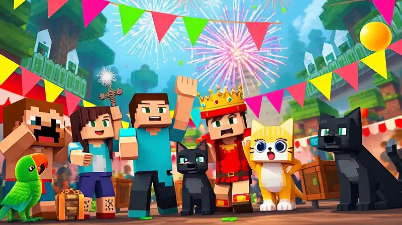Personajes de Minecraft celebran festival colorido pixelado